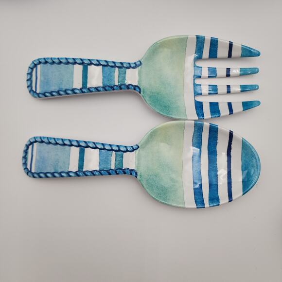 Salad Serving Set Cynthia Coulter Nautical Ocean Seaside Blue Stripes July 4th - Picture 9 of 15